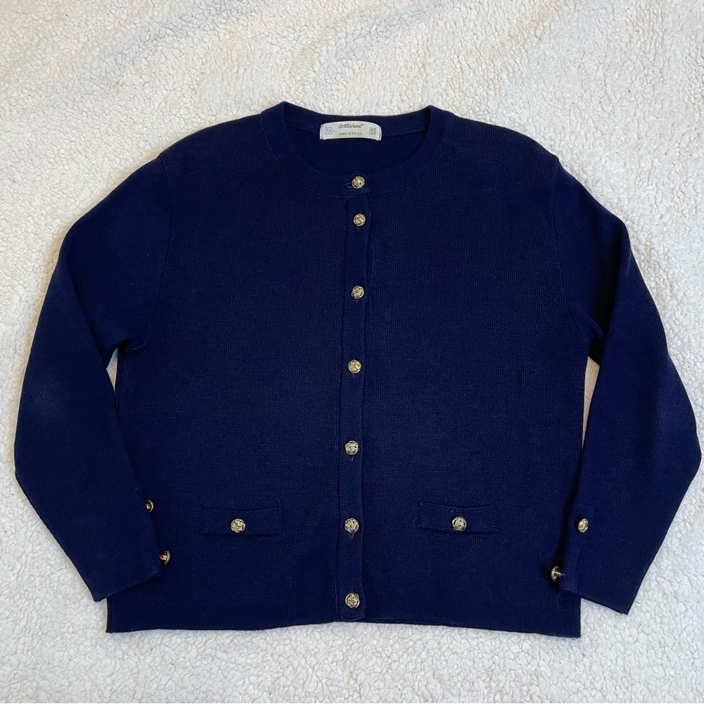 StMishael Navy Cardigan Gold Button Crew Neck Size 12 Acrylic Vintage Classic